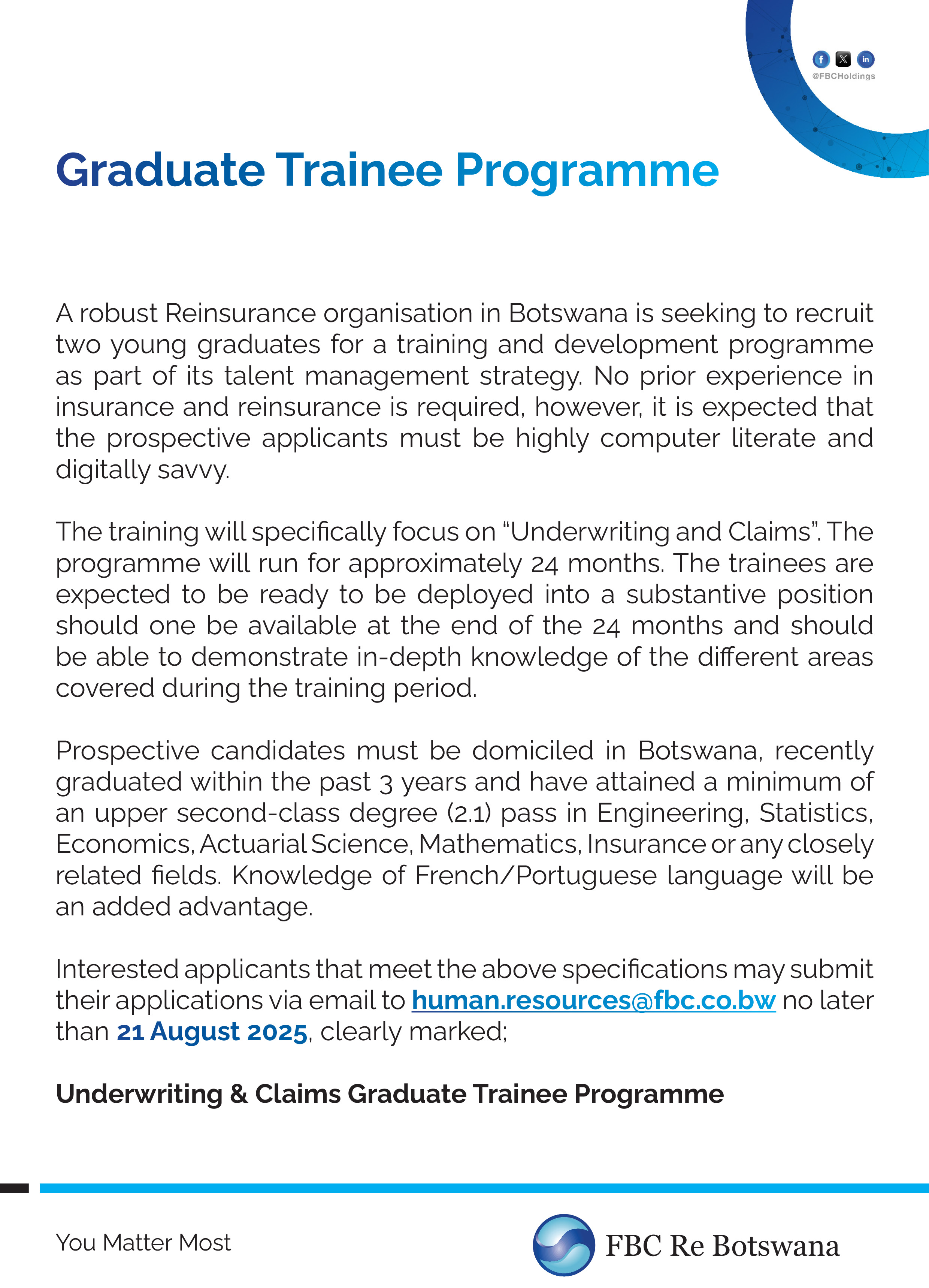 FBC Re Graduate Trainee Advert
